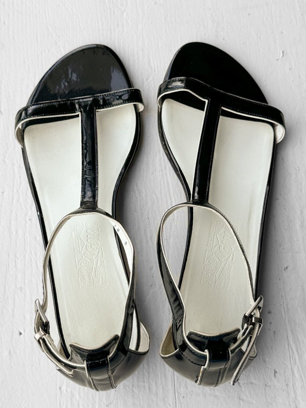 Salvatore Ferragamo Black Patent Leather T-Strap Low Block Heel Sandals